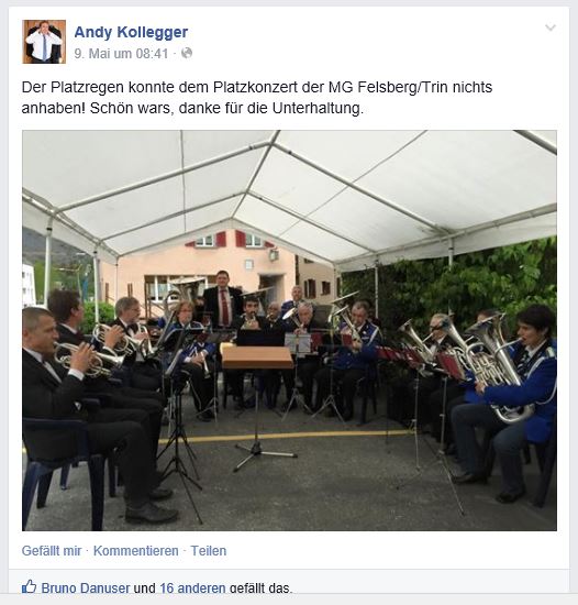 Facebook-Eintrag Kantonalpräsident Andy Kollegger Platzkonzert Felsberg 2015